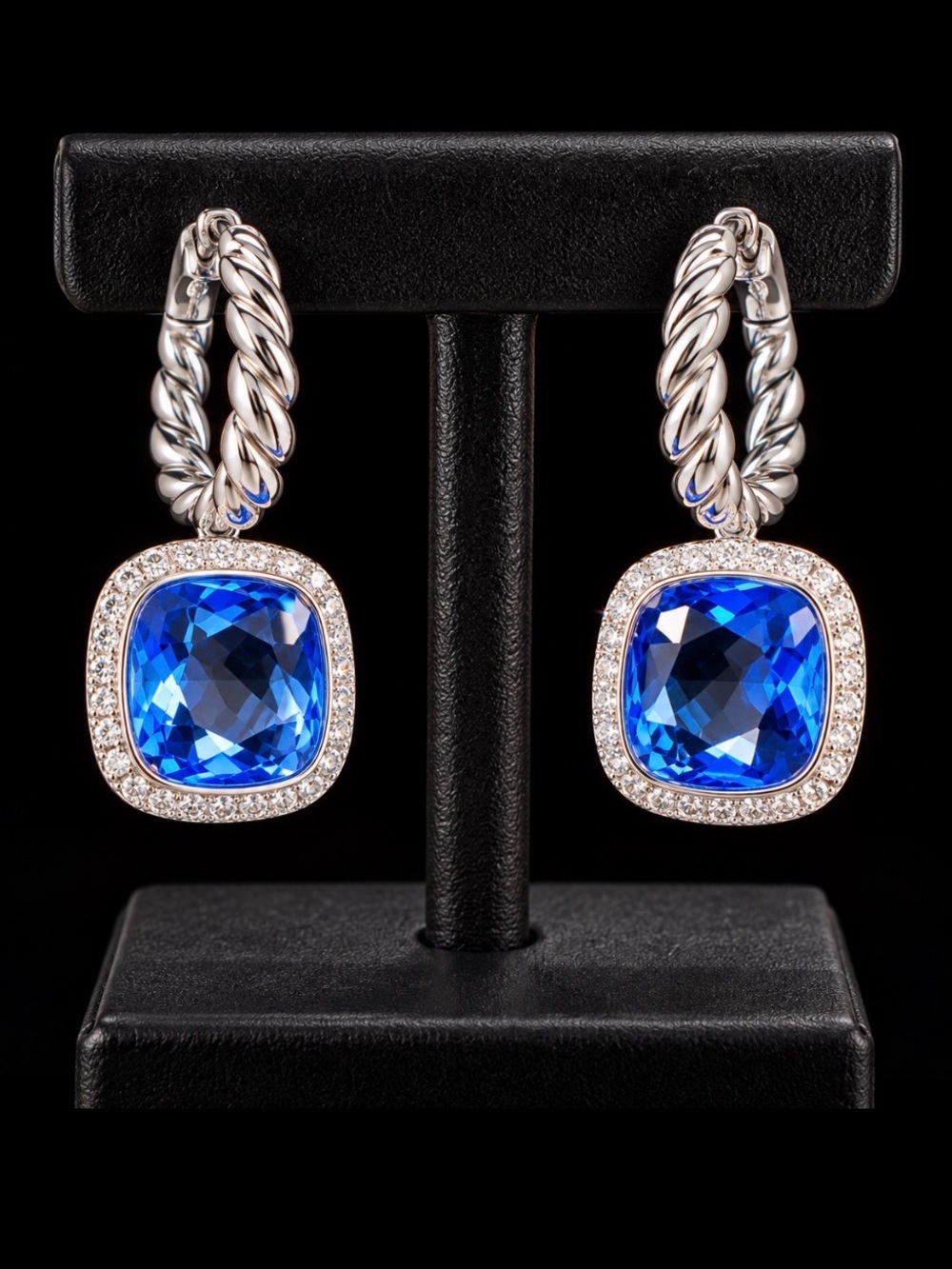 Silver Hoop Earrings with Blue Crystal Drop